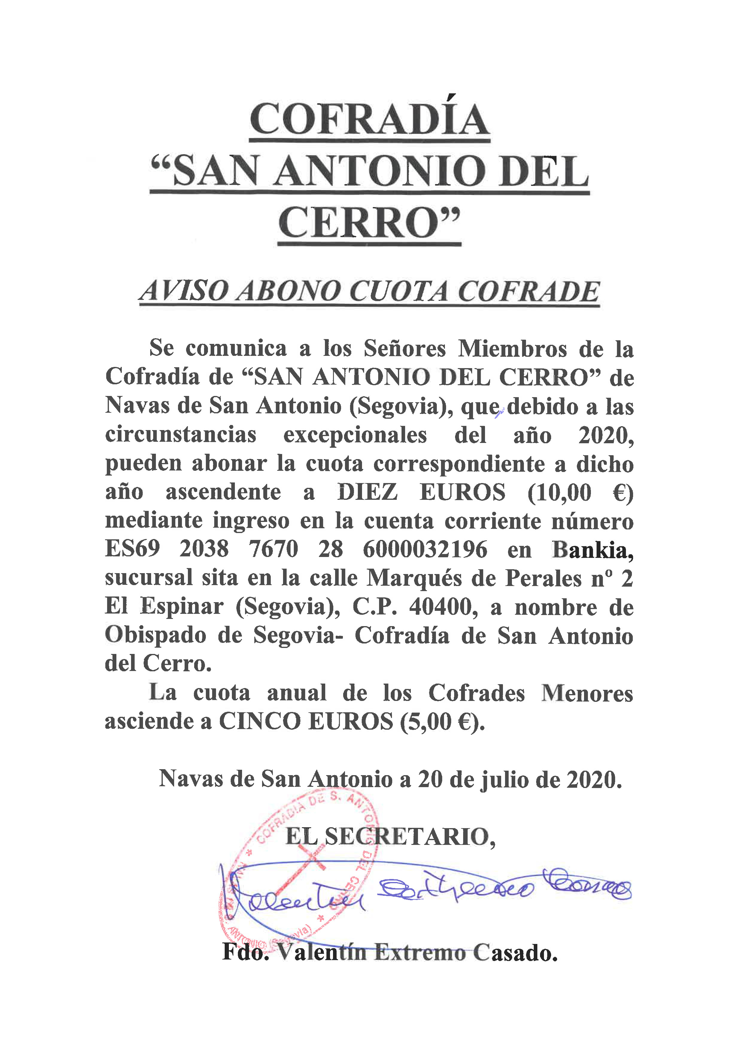 Aviso abono cuota cofrade